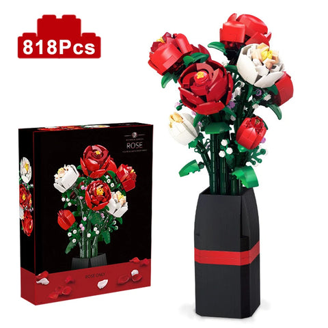 Creative Red Rose Vase Plants Model Building Blocks Moc Romantic Classic Flowers Bouquet Potted Bricks Toys Valentine's Day Gift