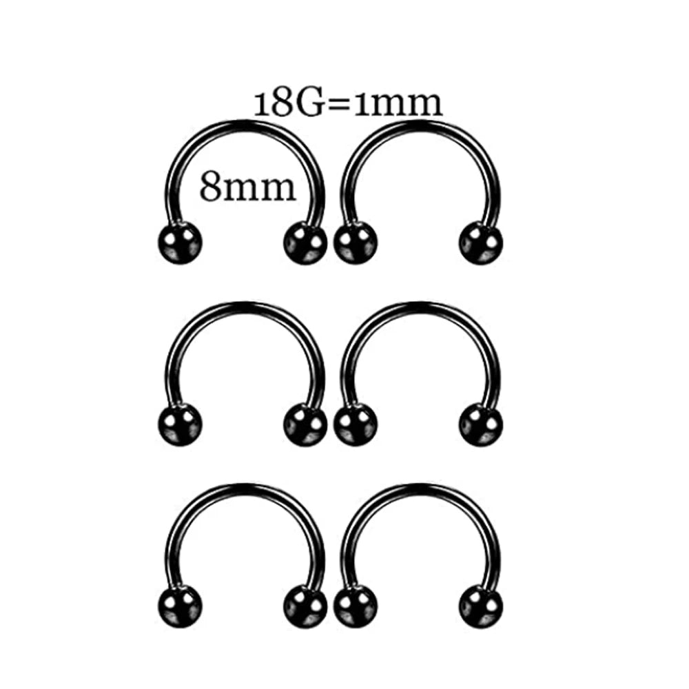 6 PCS Professional Piercing Kit Stainless Steel 14G 16G Belly Tongue Tragus Nipple Lip Nose Ring Body Jewelry Black