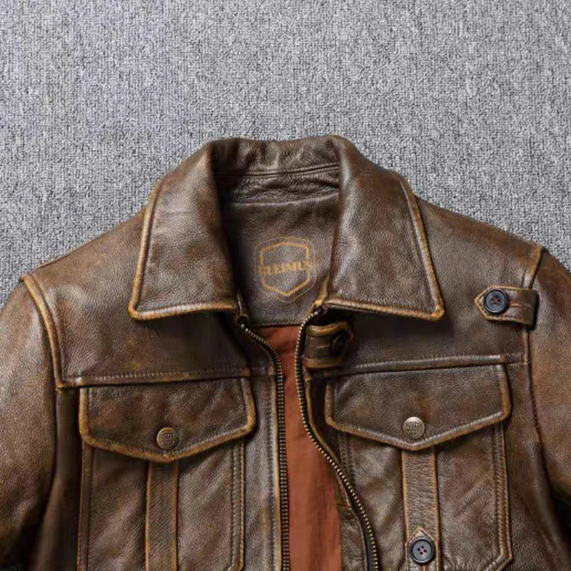 Men's Genuine Leather Jacket Natural Cowhide Hunting Jacket First Layer Cowhide American Retro Motorcycle Jacket Short Jacket