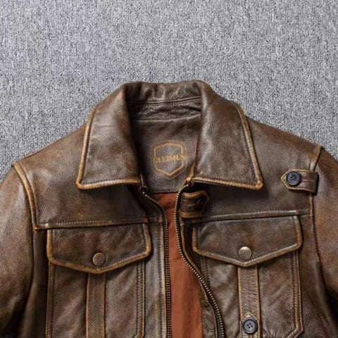 Men's Genuine Leather Jacket Natural Cowhide Hunting Jacket First Layer Cowhide American Retro Motorcycle Jacket Short Jacket