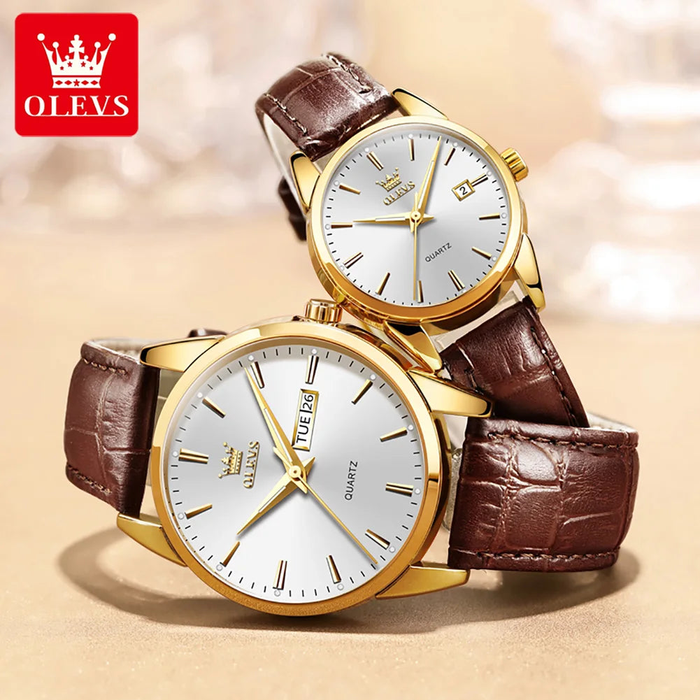 OLEVS Brand Couple Watch Leather Strap Date Luxury Quartz Watch Waterproof Romantic Lover Wristwatch Fashion Original Luminous