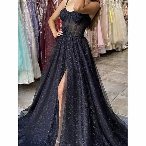 Glitter Tulle Ruffled Prom Dress Long Ball Gown Spaghetti Straps Lace Appliqued 3D Flower Slit Bridesmaid Dresses Cocktail party