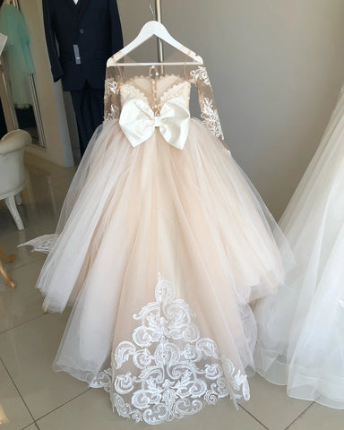 MisShow Long Sleeve Flower Girl Dresses For Wedding Guest Kids Bridesmaid With Bow Lace Appqulies Tulle First Communion Dress