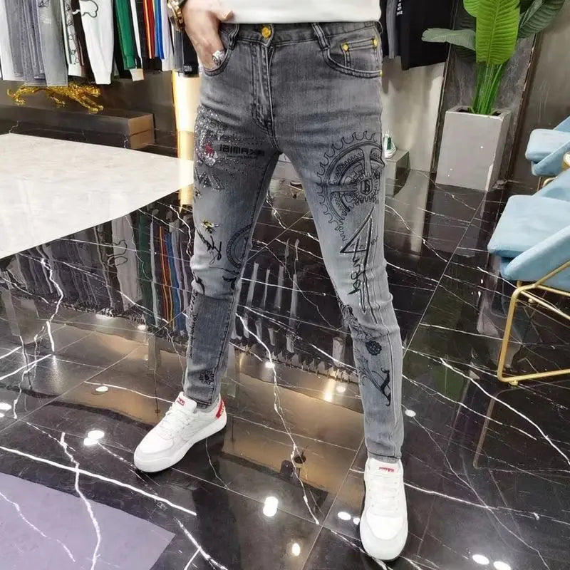 High-end European Korean Men's Slim Fit Jeans with Tiger Diamond Print for Casual Wear Spring Autumn Stretch Luxury Clothing Men