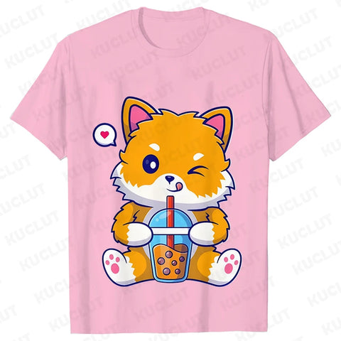 Boba Fox Drinking Print Blouse Women Clothing Fashion Kawaii Cartoon Fox Graphic T-shirts Anime Harajuku Tops Short Sleeve Tees