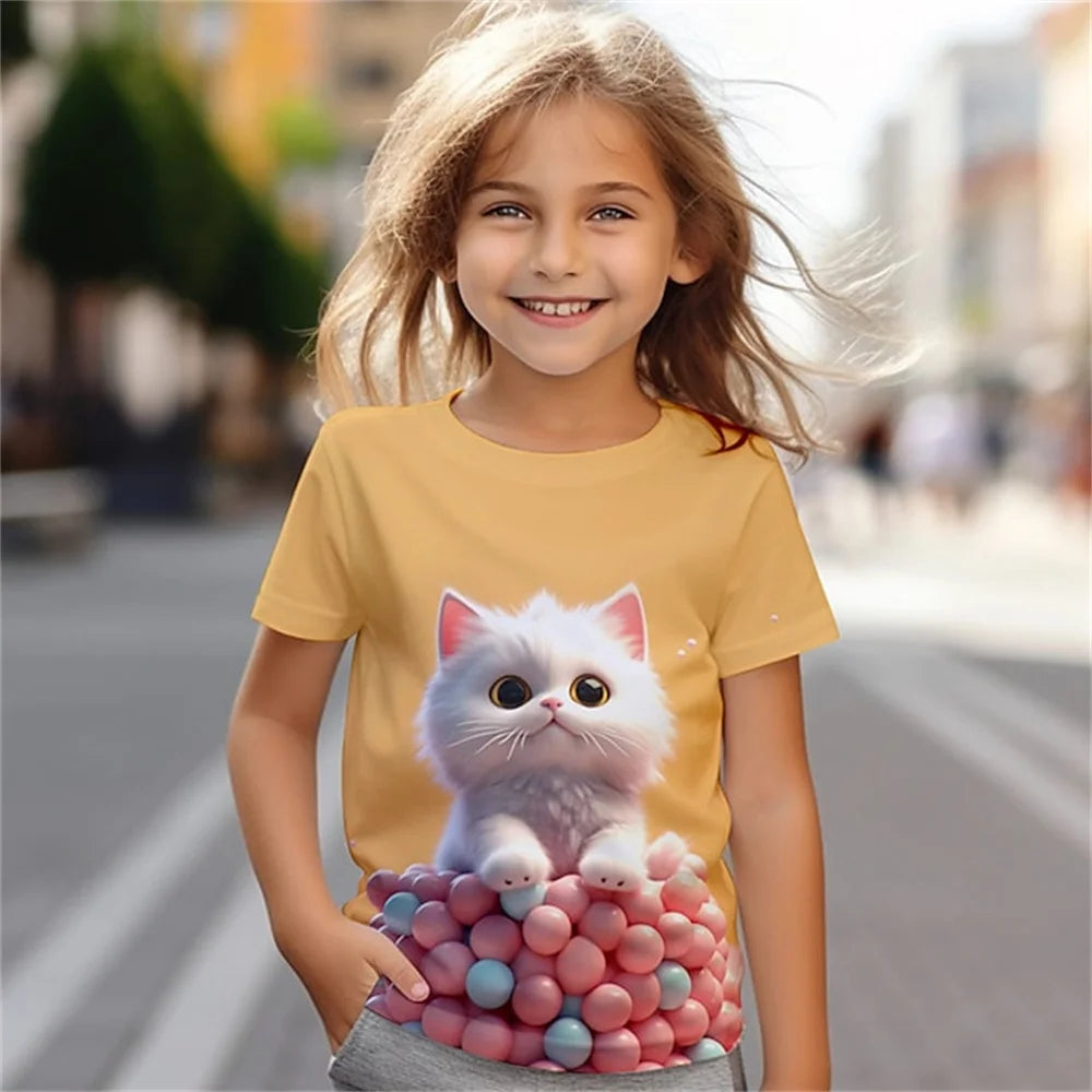 Cat Short Sleeve Horse Child Tshirt Summer Kawaii Kid T-Shirt For Children Tops Fashion Tee Girls Clothes From 8 To 14 Years Old