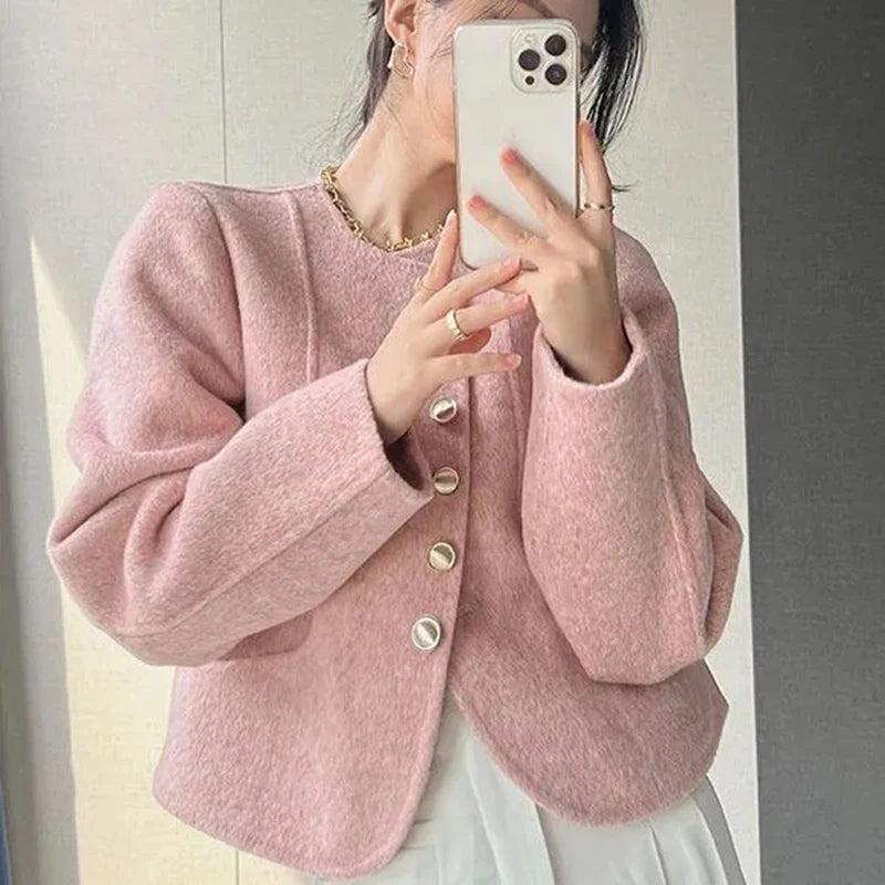 Elegant Womens Vintage Woolen Short Jackets 2023 Korean Slim Coats Cropped Long Sleeve Chaquetas Spring Wool Blend Outwear