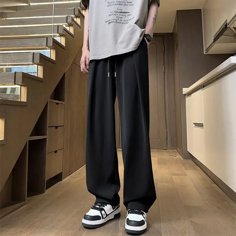 Summer Fashion Thin Ice Silk Loose Straight Pants Men Solid Elastic Waist Drawstring Pocket Casual Ventilate Wide Leg Trousers