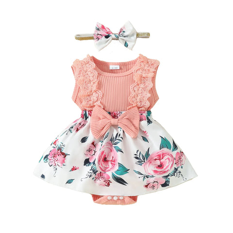 2024 Newborn Baby Girl Dress Sleeveless Lace Triangle Sweetheart 0-1 Year Old Baby Flower Bow Dress Headband