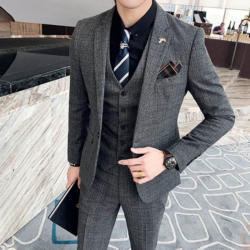 Suit 3pcs Set Groom Wedding Dress Plaid Suit Show Stage