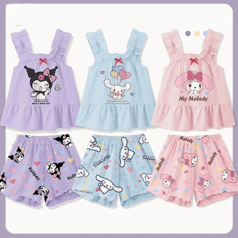 Sanrio Kuromi Kids Cinnamoroll Cartoon Pajamas Set Cute My Melody Girls Boys Summer Short Sleeved Home Set Children Gift