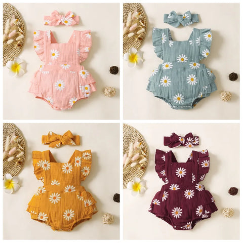 Infant Baby Girl Romper Clothes Ruffle Sleeveless Newborn Bodysuit with Headband Summer Jumpsuit Fashion Toddler Outfit Suit