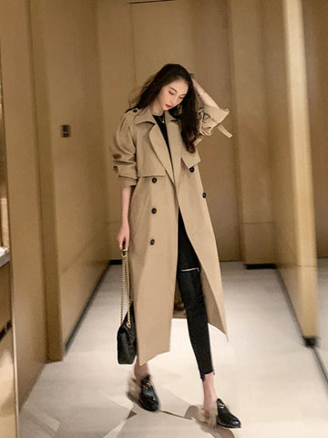 2023 Winter  Jacket Trench Coat for Women Clothes Women Solid Color Lapels Double Row Buttons Long Windbreaker Ladies Work Tops