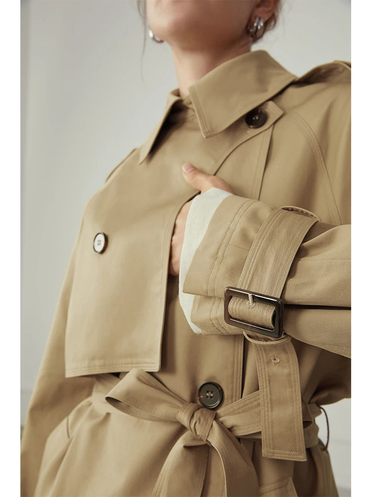 FSLE 100% Cotton Khaki Long Women Trench Coat Autumn Winter