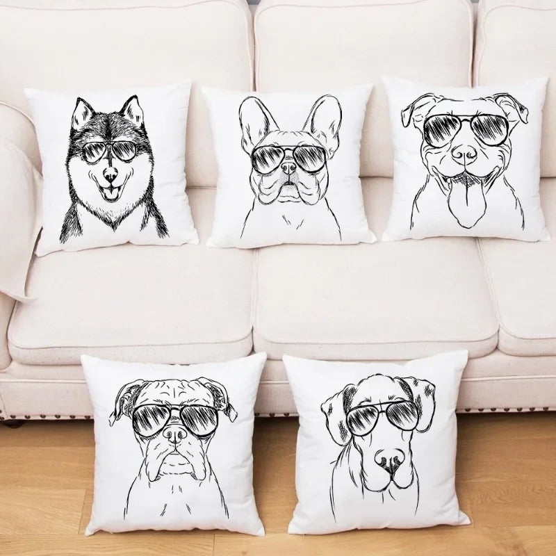 Spectacled Dog Print Cushion Cover Fashion Square Home Sofa Bed Car Chair Soft Pillow Cover Sketch Bulldog Decorative Pillowcase