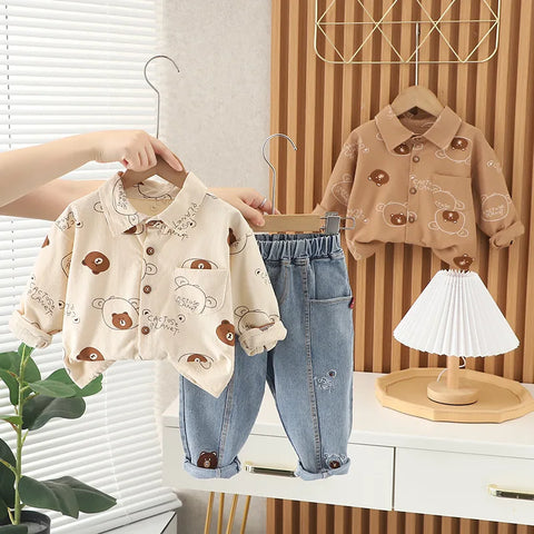 New Spring Autumn Boys Clothing Set Full Print Bear Shirt + Jeans 2Pcs Suit For Kids Children Birthday Present Outfit