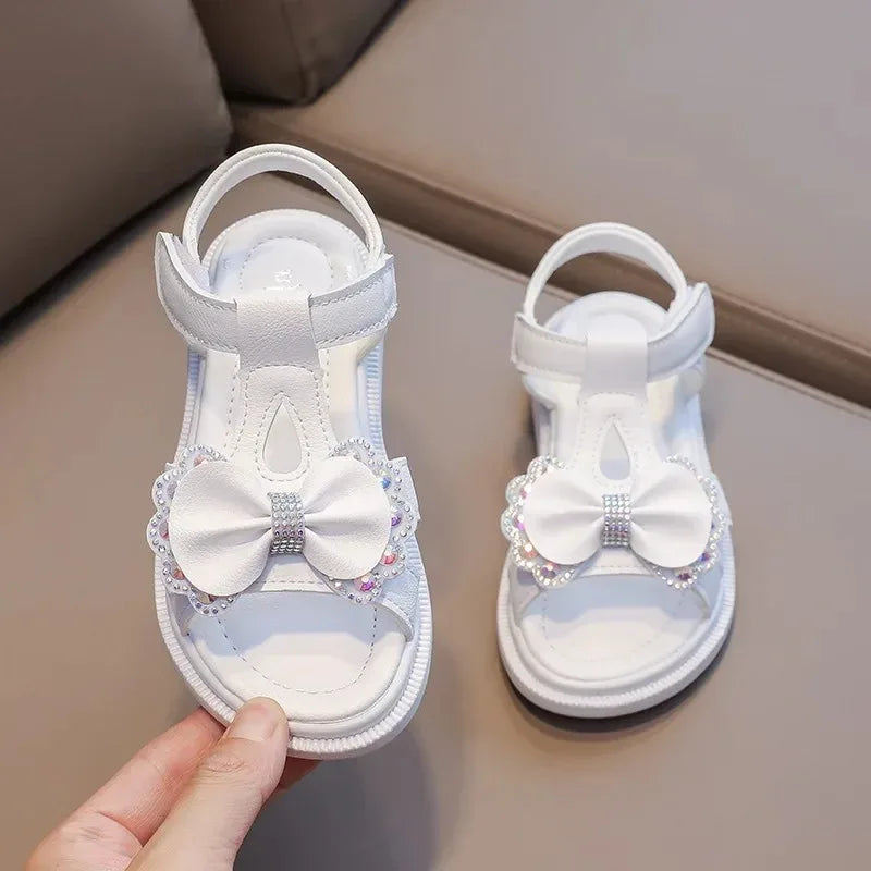 Girls Sandals Kid Summer Sweet Rhinestone Party Princess Beach Shoes Cute Bowknot Soft Sole Flat Sandals сандалии для девочек