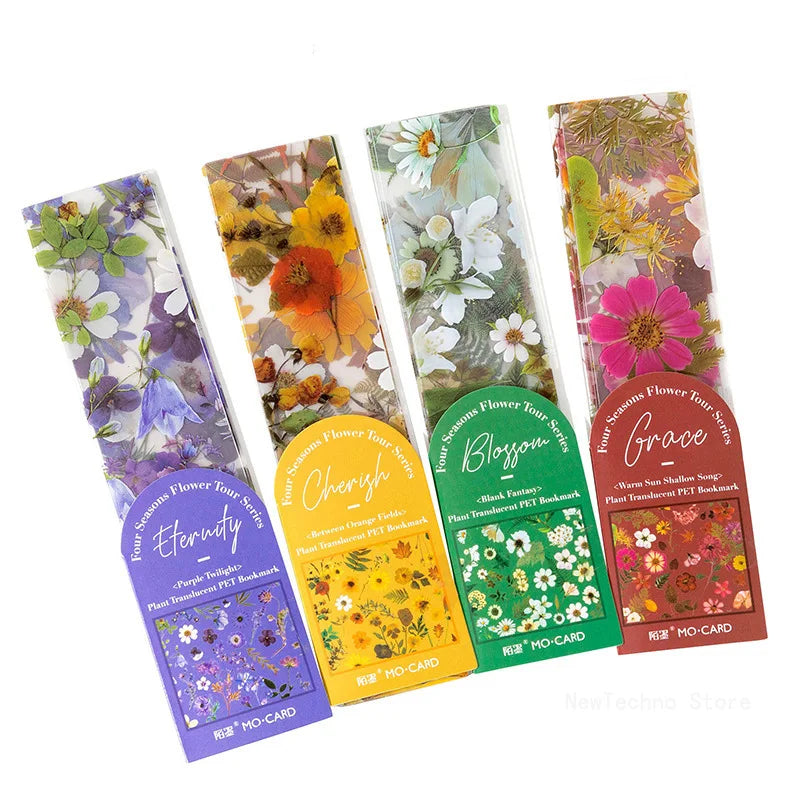 5PCS Four Seasons Flower Travel Series Bookmark PVC Translucent Reading Book Mark Retro Book Page Marker Stationery Supplies