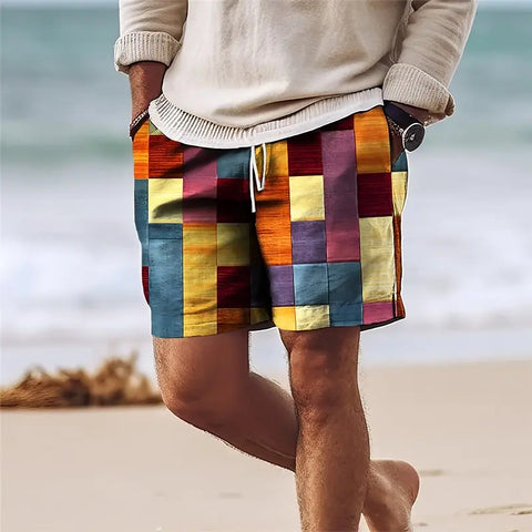 Casual Colourful Plaid Printed Shorts with Pocket Summer Men's Outdoor Daily Sports Shorts Large Size Loose Holiday Beach Trunks