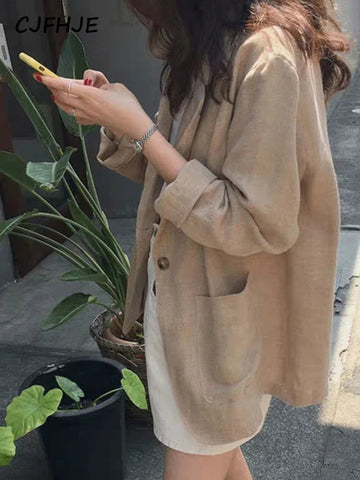 Linen Blazers Female Spring Autumn New Korean Retro Loose Suit Jackets Women