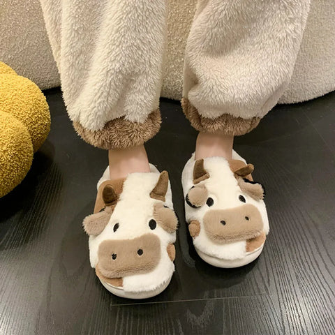 plush Slippers Cartoon Milk Cow House Funny Casual Shoes