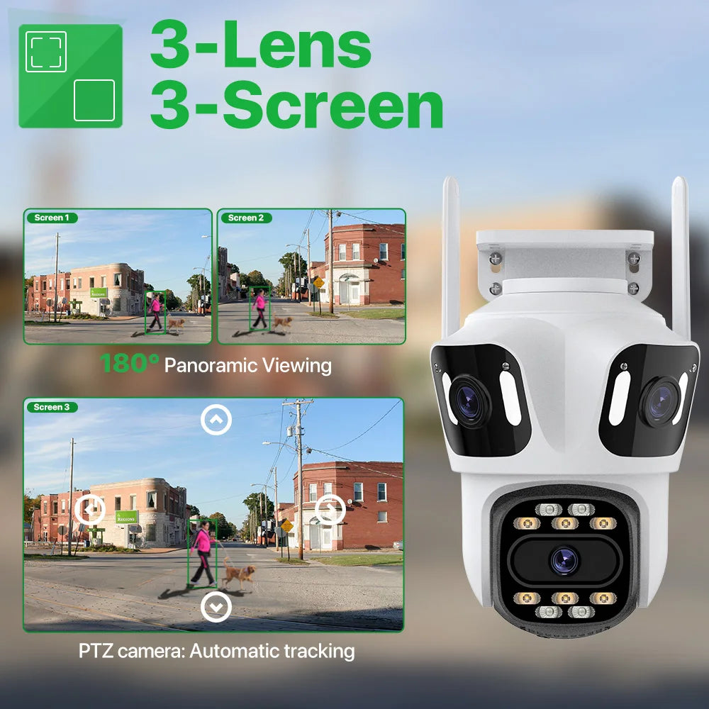 IP Camera 6K HD Three Screen External WiFi Camera Outdoor 4K Dual Lens Auto Tracking Security PTZ Cam Video Surveillance iCsee