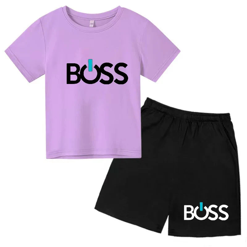 2024 Children's Summer Boss Pattern Printed Solid Color Short Sleeve Clothing Tee Sets Boys Girls New Style Casual Fashion Suits