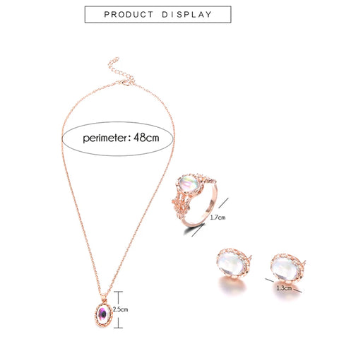 Elegant Aurora Oval Zircon Necklace Earring Ring Jewelry Set For Women Romantic Gold Plated Faux Opal Wedding Gift Accessories