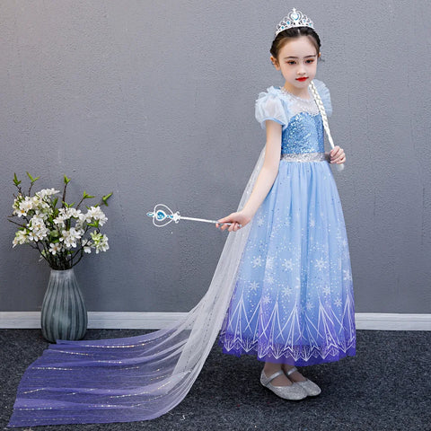 Girls Elsa Cosplay Princess Costume Frozen Role Play Fancy Dress Up Kids Birthday Party Clothes Sequin Mesh Princess Prom Gown