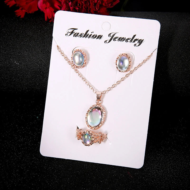 Elegant Aurora Oval Zircon Necklace Earring Ring Jewelry Set For Women Romantic Gold Plated Faux Opal Wedding Gift Accessories