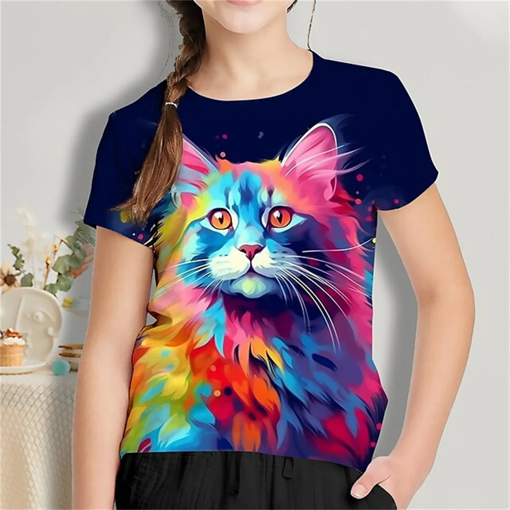 Cat Short Sleeve Horse Child Tshirt Summer Kawaii Kid T-Shirt For Children Tops Fashion Tee Girls Clothes From 8 To 14 Years Old