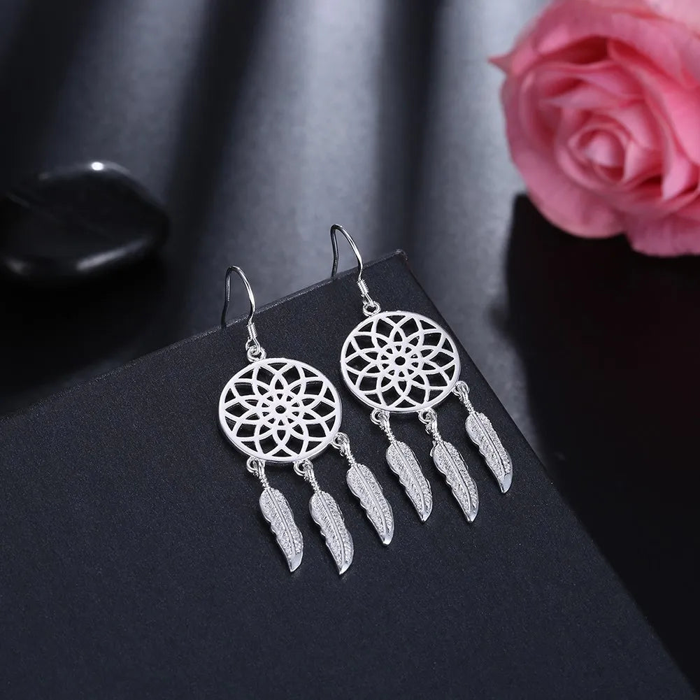 Silver Dream catcher feathers earrings for women