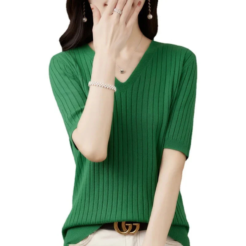 Women Sweater Short Sleeve V-neck Stripe Knitwears