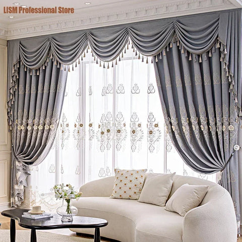 European Modern curtains for living room Bedroom Blackout Luxury Window Embroidered Tulle Villa Elegant Valance decorate Custom