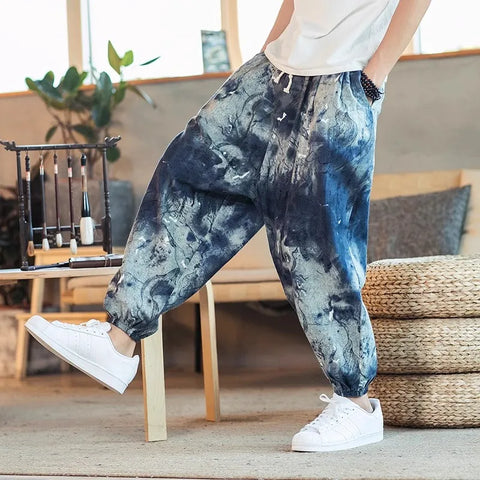 Men Harem Pants Joggers Printed Drawstring Drop-Crotch