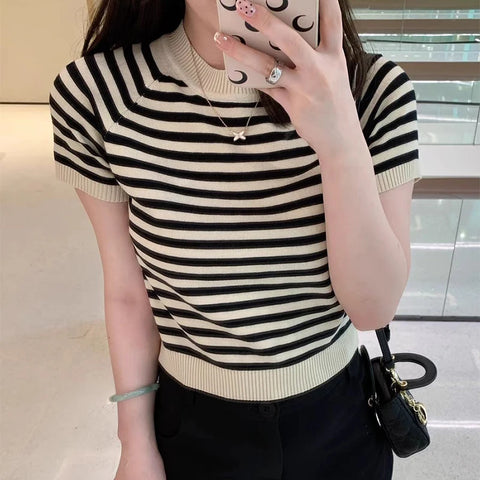 Women Summer New Versatile O-neck Striped Short Sleeved T-shirt Elastic Simple Basic Crop Tops Slim Outer Wear Knit Bottom Shirt