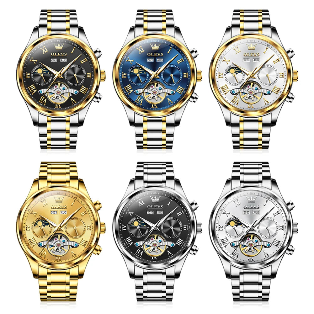 OLEVS Luxury Men's Watches Fashion Waterproof Multifunctional Fully Automatic Mechanical Watch Complete Calendar Moon Phase