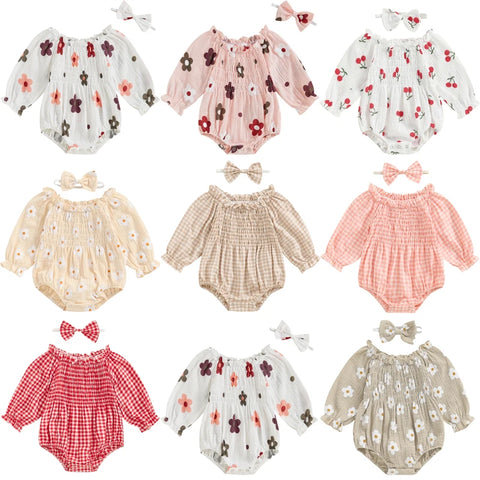 Newborn Baby Girls Casual Rompers Floral/Cherry Print Ruffles Long Sleeve Pleated Cotton Jumpsuits One-pieces Headband Outfits