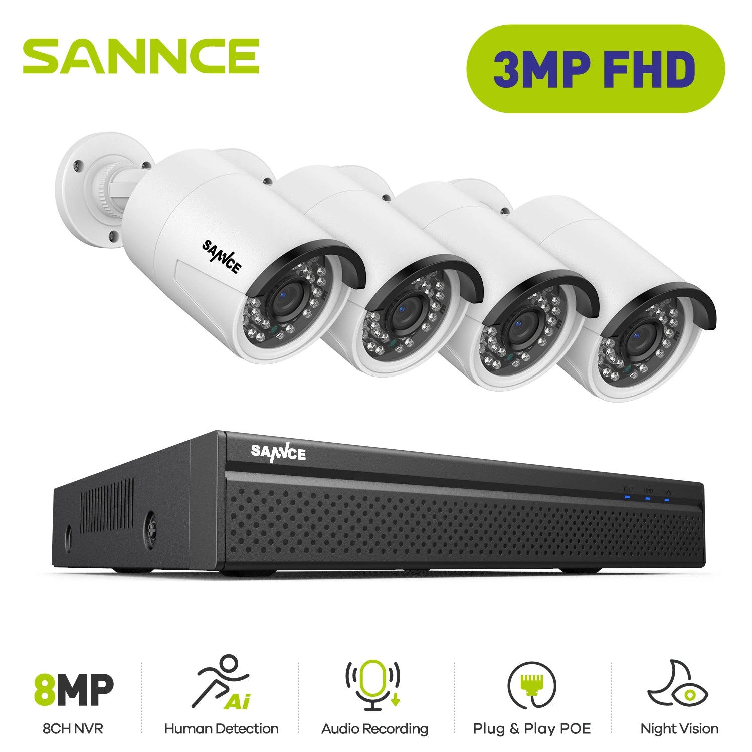 SANNCE 5MP POE Video Surveillance Cameras System 8CH H.264+ 8MP NVR Recorder 5MP Security Cameras Audio Recording POE IP Cameras