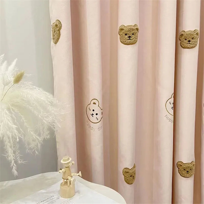 Cute Plush Bear Embroidered Childrens Curtains Japanese Style Thickened Chenille Cartoon Curtains For Boys and Girls Room Custom