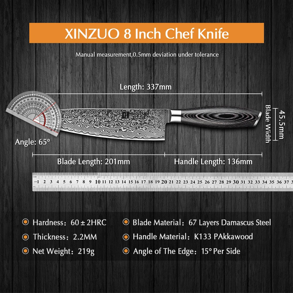 XINZUO 8'' Chef Knife Gyuto Knife Japanese Style VG10 Damascus Kitchen Knives Stainless Steel Butcher Knife Pakka Wood Handle