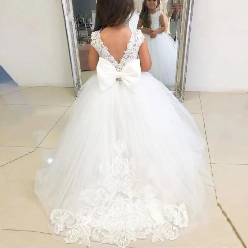 White Lace Child Flower Girl Dress Tulle Appliques Princess Floor Length for Wedding Party Baptism First Communion Gown