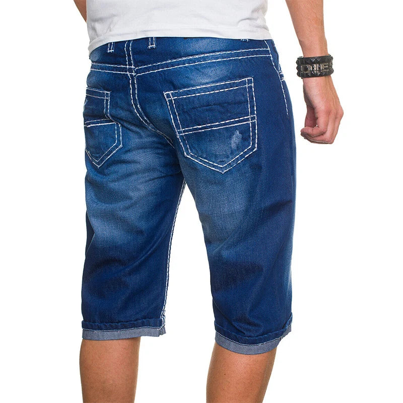 New Summer Men's Stretch Ripped Short Jeans Blue Denim Shorts Pants Large Casual Middle Pants