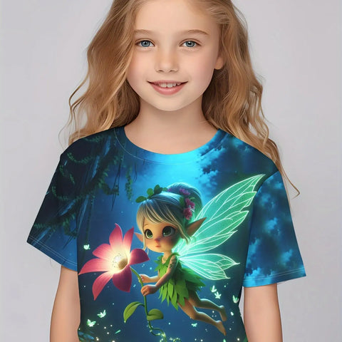 Children Clothing Girls Enchanting 3d Fairy Print Short Sleeve T Shirt Tops Comfortable Crew Neck Casual Tees Kids Girl Clothes