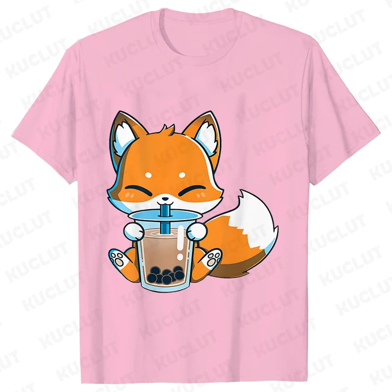 Boba Fox Drinking Print Blouse Women Clothing Fashion Kawaii Cartoon Fox Graphic T-shirts Anime Harajuku Tops Short Sleeve Tees