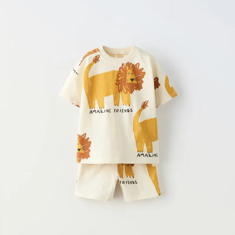 Summer New Children's Short Sleeved Suit Printed Lion Cartoon Tracksuit For Boy Clothing T-shirts + Shorts Two Piece Outfits