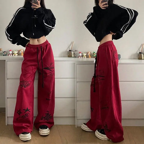 Retro streetwear graffiti pants Hip hop baggy sweatpants versatile straight leg trousers wide leg drawstring slacks Y2K pants