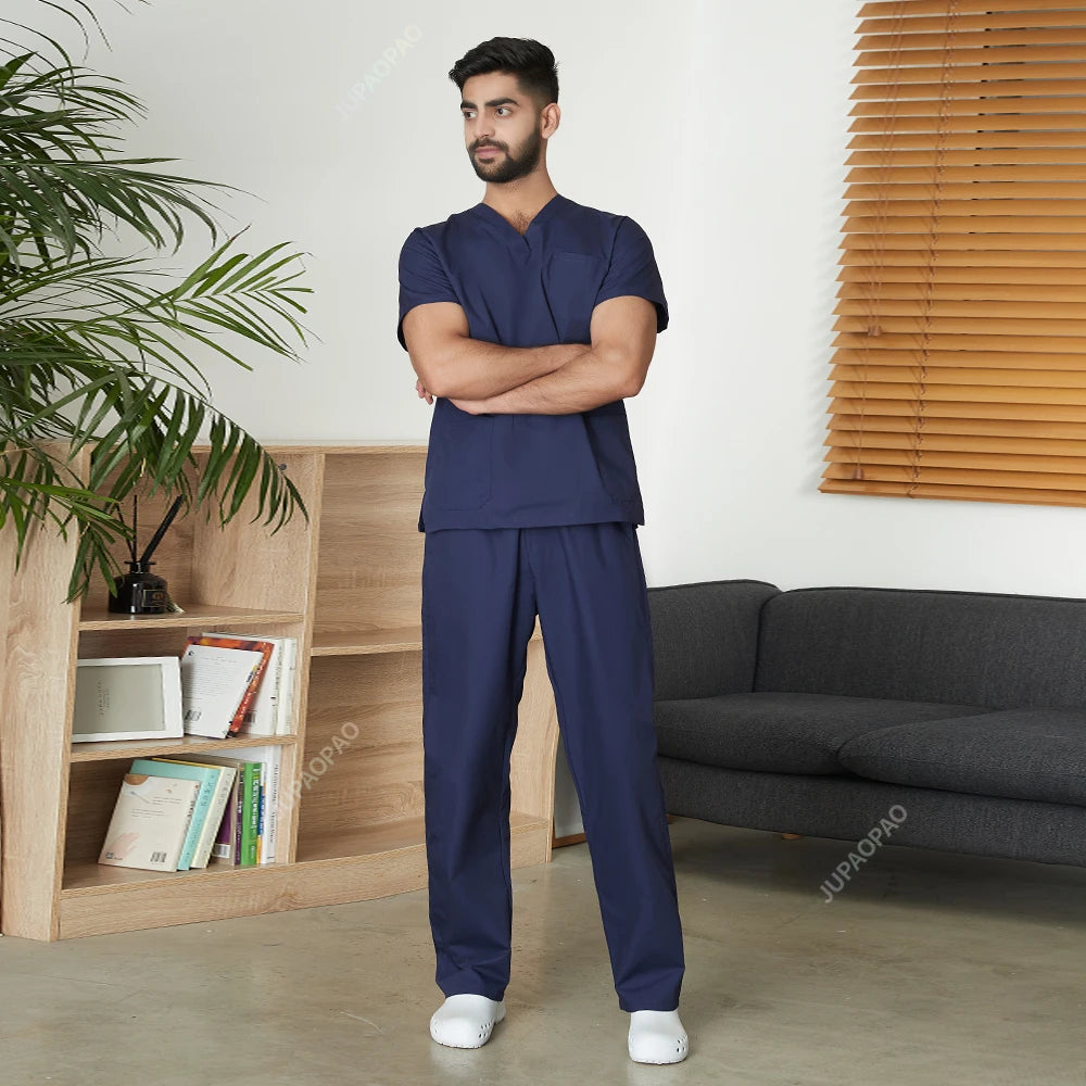 Anesthesiologist Surgical Gown Short Sleeve Scrub men's V-neck Pharmacy Suit Dentist Hospital Doctor Nurse Work Clothes Unisex