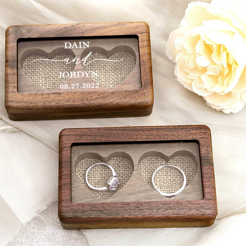 Personalized Wedding Ring Box  Double Heart Wooden Box