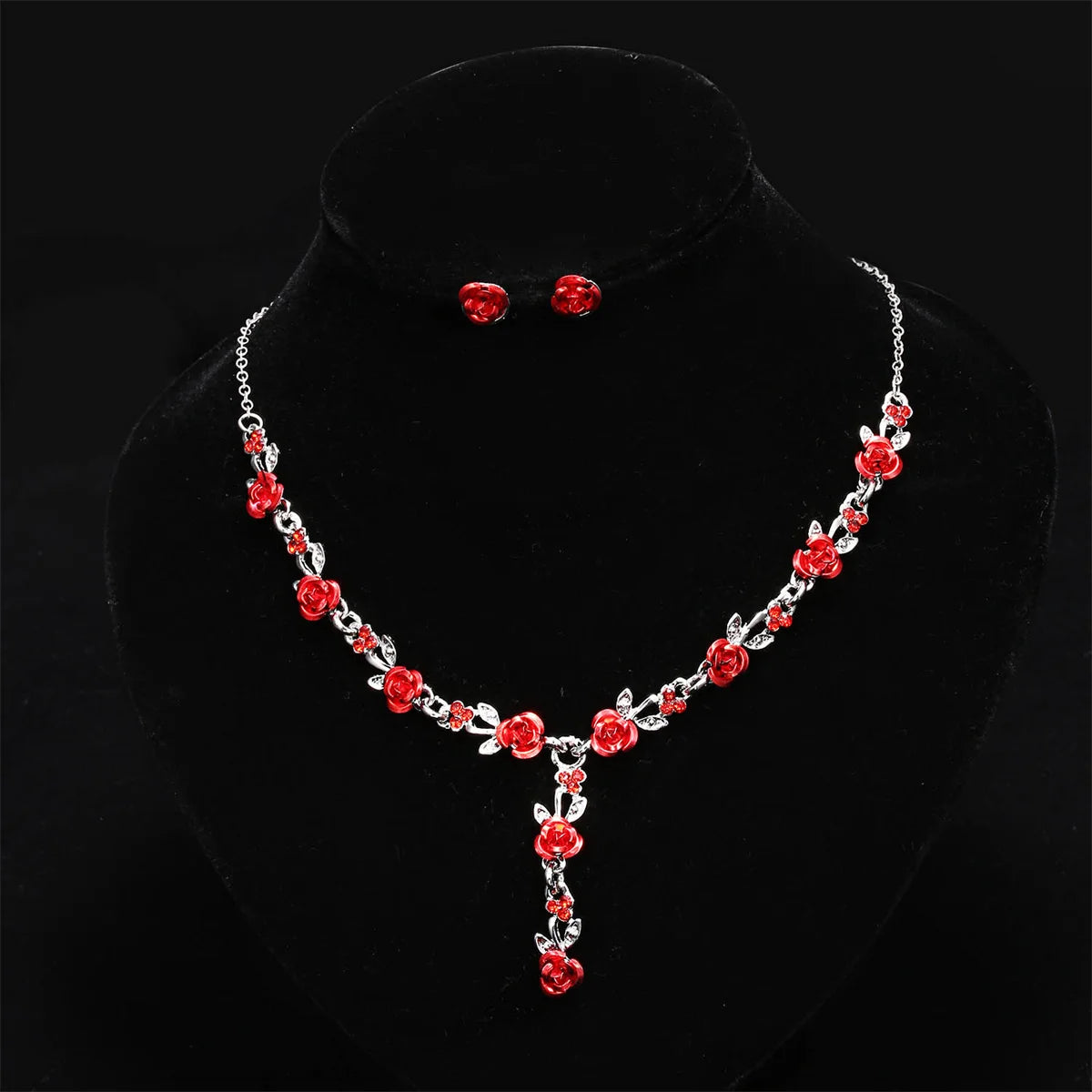 Vintage Red Rose Flower Necklace Earrings Set For Women Elegant Wedding Bridal Jewelry Sets Fashion Flower Marriage Jewelry Set